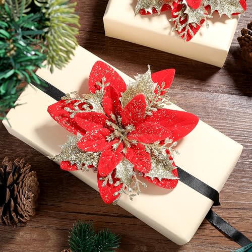 SITUMEIZI 24 Pcs Red Gold Poinsettia Artificial Christmas Flowers 5.5" Glitter Poinsettias Christmas Decorations Tree Flower with Stems & Clips for Wreath Xmas Tree New Year Party Ornament Wedding - color: Red