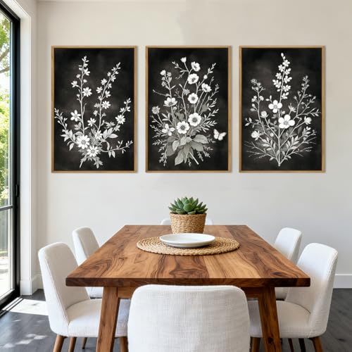 BINCUE Framed Black and White Floral Wall Art Set of 3 Botanical Wall Decor Flowers Paintings Botanical Art Prints White Floral Wall Pictures Black Artwork for Living Room Bedroom Office Farmhouse 16x24 Inches - color: Black White Flower, size: 24"L x 16"
