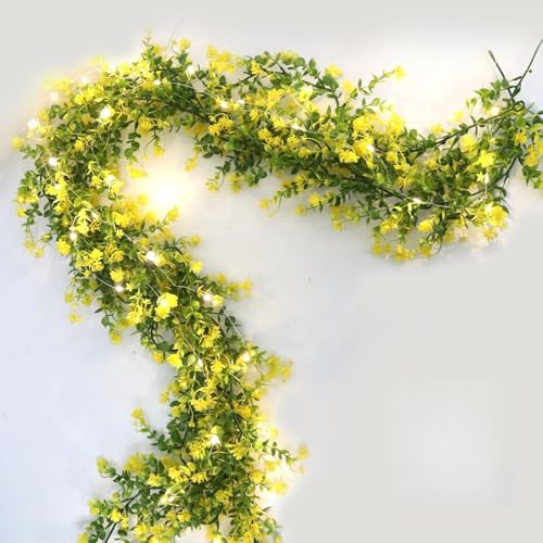 RECUTMS 3 Pcs Green Garland with Lights Fern Hanging Light Fake Hanging Vines Spring Garland with Lights Green Leaf Vines for Spring Home Wall Mantel Party Wedding Fireplace Decoration(Yellow) - color: Yellow With Lights