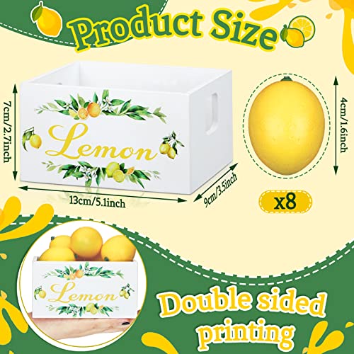 Yulejo Summer Lemon Tiered Tray Decor, Farmhouse Mini Wooden Crate with 8 Pcs Fake Lemons, Lemonade Decorative Box Rustic Table Centerpiece for Kitchen Home Shelf Party Decorations