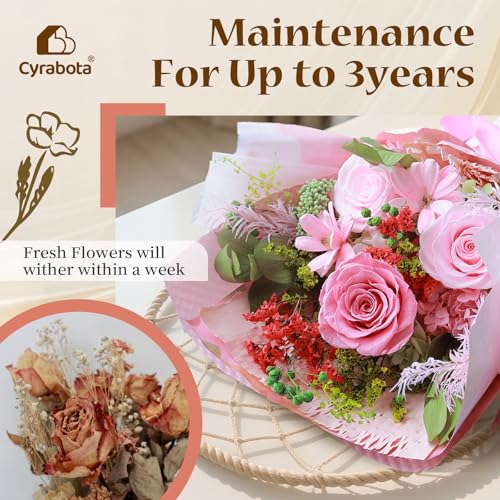 Preserved Roses Bouquet with Vase - Pink Real Eternal Roses that Last 1-3 Years - Forever Flowers Valentines Day Gifts for Her, Home Decor Centerpiece - color: Pink