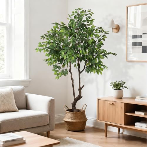 Artificial Ficus Tree 6ft(72in) Faux Floor Potted Tree for Indoor Decor Large Realistic Trees Plants with Silk Leaves and Natural Wood Trunk for Home Living Room,Office Foyer Decor. - color: Ficus Tree, size: 6ft