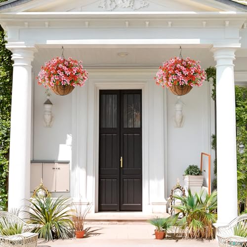 INQCMY Artificial Hanging Flowers for Outdoors, 5 Bundles UV Resistant Artificial Hanging Baskets,All Weather Fake Flowers for Patio, Porch, Yard, Window Box,Home for Spring Summer Decoration. - color: Red Pink