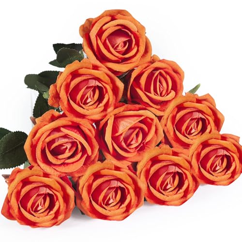 10 PCS Artificial Roses with Long Stems Silk Flowers Realistic Foam Flowers Fake Roses for Valentine's Day Autumn Fall Decor Halloween(Orange) - color: Orange