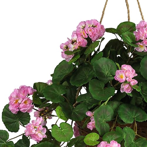 Nearly Natural 24in Artificial Geranium Hanging Basket Faux Floral Plant For Home Decor, Pink - color: Pink