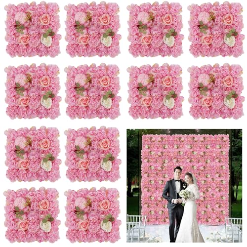 3D Flower Wall Backdrop - 12Pcs 15×15 Inch Artificial Rose Panels Pink Silk Floral Decor for Home Party Wedding Anniversary Birthday Photographic Studio Background & Decorative Fences - color: Pink, size: 12PCS-15x15