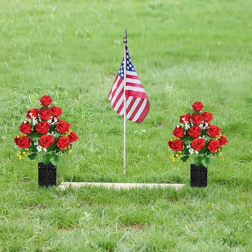 LVXINLI 2 Sets Artificial Cemetery Flowers,Memorial Flowers,Beautiful Arrangements for Headstones,Black Plastic vase with Drainage Hole Long Spikes Outdoor Memorials (red) - color: Red