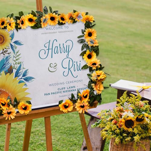 2 Pack Artificial Sunflower Garland with Lights Decor,Fake Hanging Sunflower Vines with Green Leaves,Silk Girasoles Flower Garlands for Birthday Wedding Tables Centerpieces Party Garden Decor - color: Yellow With Lights 2, size: 2 Pack with light