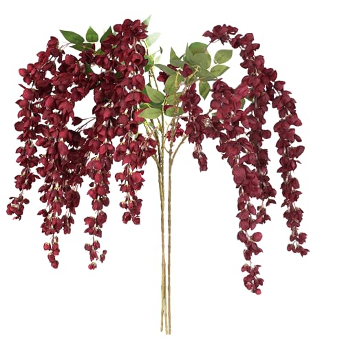 3Pcs Wisteria Artificial Flowers Branches 43In Fake Wisteria Floral Hanging Plant for Party Floor Vase Balcony Wedding Floral Arrangement Decoration (Red)