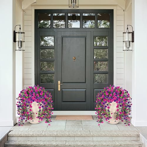 Artificial Hanging Petunias Flowers for Outdoor, 4pcs Fake Plants Long Vine Morning Glory Eucalyptus, UV Resistant Realistic Faux Greenery Indoor Outside Patio Porch Garden Spring Summer Decor, Purple - color: Dark Purple Light Purple, 4pcs