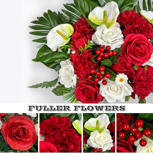 Artificial Cemetery Flowers for Grave,Memorial Flowers Bouquet with Vase for Headstones Decoration,Bright and Vibrant Red Rose Carnation - color: White