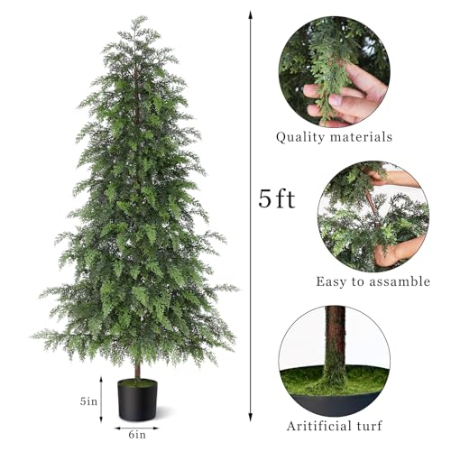 5FT Soft Textured Cedar Topiary Trees for Front Porch Decor, Artificial Shrubs Faux Plants Potted UV Resistant Fake Greenery for Outdoor Indoor Door Garden Farmhouse Home Decoration (Set of 2) - size: 5FT
