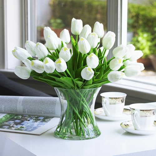 Real Touch Artificial Tulips with Glass Vase and Acrylic Water, 40 Pcs Fake Tulip Flowers Bouquet for Home Office Decor, Silk Flowers Arrangements for Dining Table Wedding Centerpiece (White) - color: White