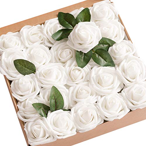 Ling's Moment Artificial Rose Flowers 25pcs Foam Roses w/Stem for DIY Wedding Bouquets Centerpieces Bridal Shower Party Home Decorations (Regular 3 inch /25pcs) - color: Wht- White, size: 25Pcs