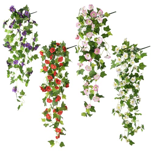 INQCMY Artificial Hanging Flowers Fake Plants for Outdoors Spring Summer Decor, 4 Pcs Silk Morning Glory Faux Flowers UV Resistant, Realistic Flowers Hanging Petunias for Outside Porch Patio Planter - color: Mix