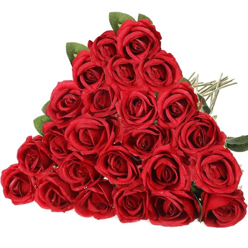 Hotop 20 Pcs Artificial Rose Flowers with Long Stem,Real Lifelike Silk Realistic Plastic Bouquet Roses Bulk for Home Decor Bridal Wedding Party Table Centerpieces Decorations(Red) - color: Red