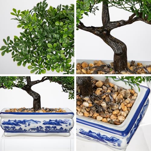 Artificial Bonsai Tree with Blue and White Porcelain Pot, Fake Pine Bonsai for Home Office Desk Decor, Oriental Zen Tabletop Decoration, Faux Bonsai Plant for Living Room, Shelf & Gift - style: 7.5" BW porcelain