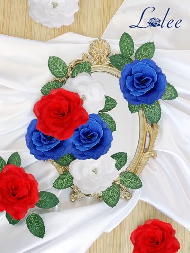 108pcs Roses Head Flowers with Stem - Red Blue White Artificial Flowers Rose Bulk - Silk Rose Fake Flower Arrangement for Patriotic Memorial Bouquet Grave Centerpieces 4th of July Veterans Party Decor - color: White-red-blue