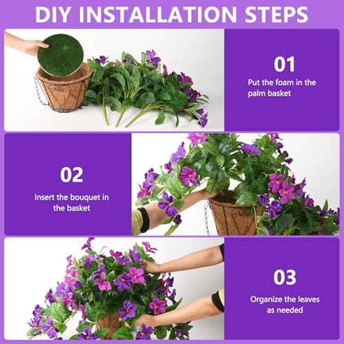 Homsunny Artficial Fake Hanging Flowers Plants with Baskets, 3PCS Silk Faux Outdoor Flowers UV Resistant Real Touch Plastic Flowers for Spring Garden and Home Patio Yard Decor (Light Purple Red) - color: Double Orchid With Basket