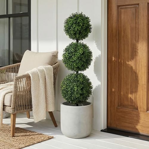 Nearly Natural 36in Artificial Triple Ball Boxwood Topiary Tree - Indoor Outdoor Realistic Faux Greenery for Home Patio Office Decor, Low Maintenance - size: 3ft