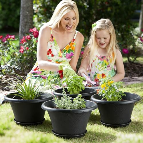 Quarut 12 Inch Pots for Plants,4 Pack Large Flower Pots with Drainage Hole & Saucer,Modern Planters for Indoor Outdoor Plants,Decorative Resin Garden Pots Black - color: Diamond Pattern-black, size: 12 inch-4 Pack