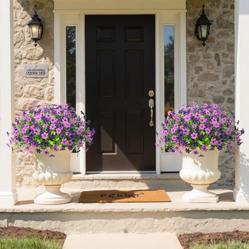 20 Bundles Artificial Flowers for Outdoors, Fake Silk Flowers UV Resistant Faux Realistic Plastic Plants for Spring Summer Porch Patio Garden Planter Window Box Home Decor, Double Purple - color: Double Purple