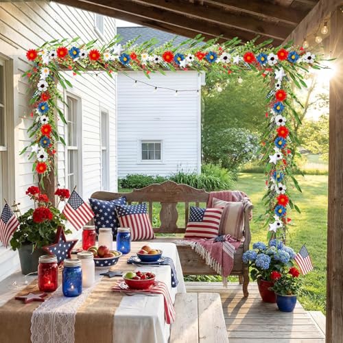 6.5Ft Patriotic Garland, Red White Blue Artificial Wildflower 4th of July Garland, Independence Day Memorial Day Floral Vine for Mantle Stair Porch Table Home Decor - color: Red White and Blue02