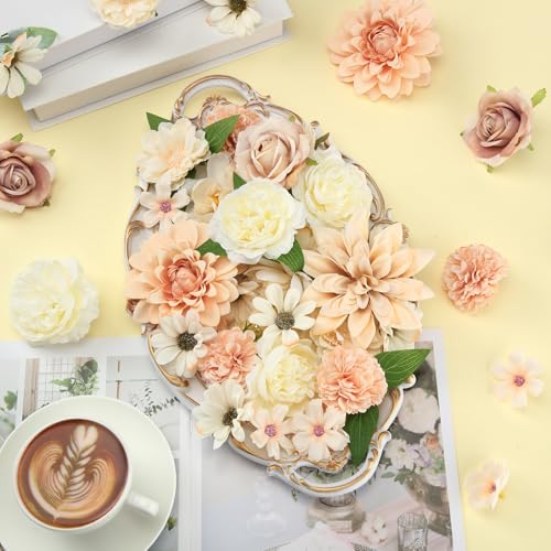 Janinka 100 Pcs Champagne Assorted Fake Flower Heads with Long Stem Mini Artificial Flower Bulk Mix Silk Faux Daisy for Crafts Fake Peony Rose for DIY Wedding Party Wreath Home Decoration - color: Champagne