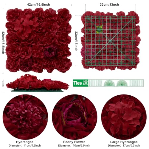 Flower Wall Panel 12 pcs 16.5x16.5 Inch Floral Wall Backdrop Artificial Silk Rose Wall Decor Ideal for Wedding Celebrations, Festive Party Backdrops, and Home Decor-Maroon - color: Maroon, size: 16.5inch