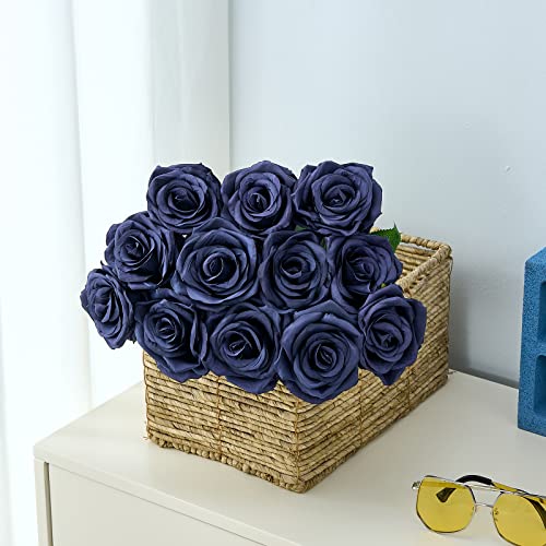Artificial Navy Blue Flowers Silk Roses Long Stems Fake Bridal Wedding Bouquet for Home Garden Party Floral Decor 15pcs(VASE is NOT Included) - color: Navy Blue