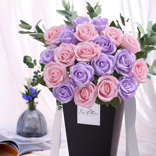 20PCS Artificial Roses with Long Stems - Realistic Silk Flowers, Fake Roses Real Touch Bouquet Roses for Home Decor, Bridal Wedding Table Centerpieces, Faux Rose Flowers (Pink Purple) - color: Pink&purple, size: 20 PCS