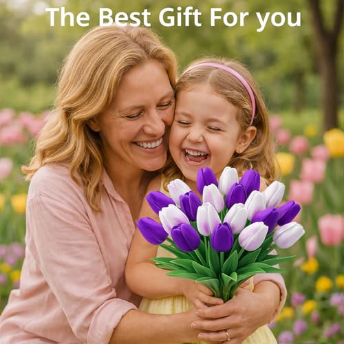 20 Pcs Tulips Artificial Flowers, 13.5'' Real Touch PU Fake Flowers Bouquet for Home Party, Spring Wedding Floral Arrangement, Valentine's, Easter and Mother's Day Decor (White Purple) - color: White Purple