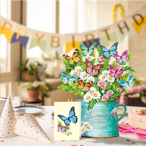 Airpark 3D Pop Up Paper Flowers Bouquet Card 12’‘ with Note & Envelope, Birthday Gifts, Get Well, Thank You, Greeting Cards for Women Mom Wife Friends, Daisies and Butterflies - style: Daisies and Butterflies