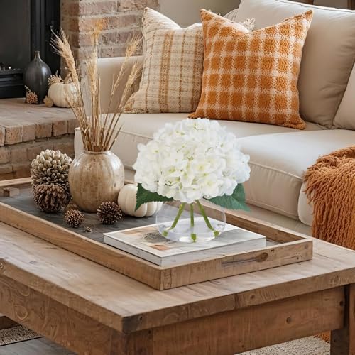 Hydrangea Artificial Flowers in Glass Vase, White Silk Fake Flowers Silk Centerpiece Table Decorations for Dining Room， Coffee Table Decor，Wedding, Home with Faux Water Decor（White） - color: White