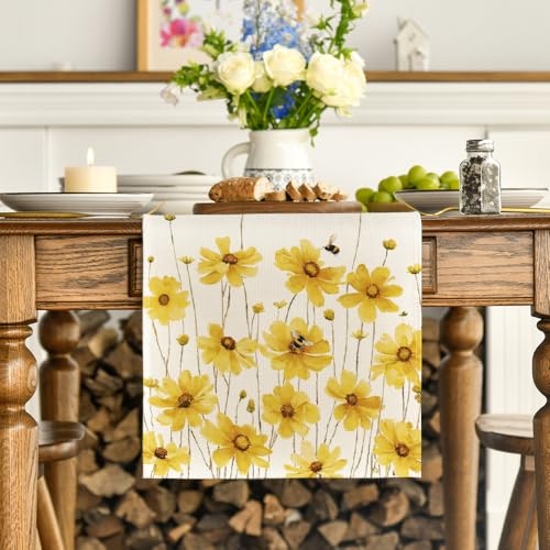 Artoid Mode Yellow Flowers Daisy Bees Summer Table Runner, Seasonal Easter Fall Holiday Kitchen Dining Table Decoration for Home Party Indoor 13x108 Inch - size: 13" x 108", Table Runner