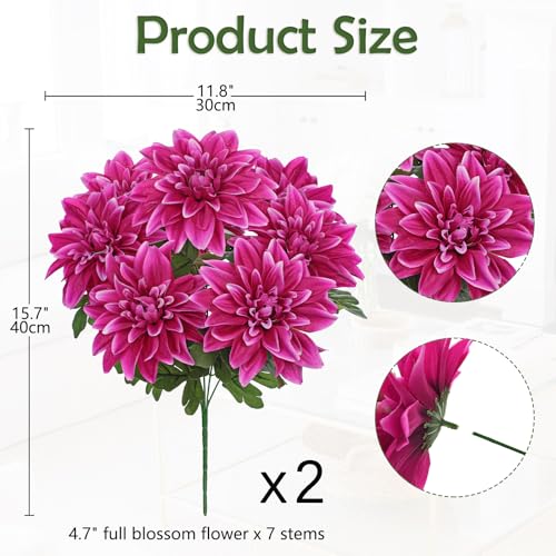 Hollyone 2Pcs Purple-Pink Artificial Dahlia Flowers with Stem Bushes 7 Heads Silk Fake Dahlias Flowers Wedding Bouquets Faux Dahlia Flower Floral Arrangements for Party Table Centerpieces Home Decor - color: 2pcs - Purple Pink