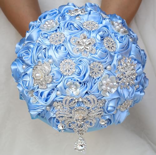 Bridal Wedding Bouquet Round Bling Brooch Bouquet Artificial Rose Flower Bunch for Bride Bridesmaid Wedding Quinceanera(Light Blue, 8.7") - color: Light Blue*, size: Medium (Dia. 8.7"/22cm)