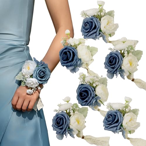 Dusty Blue Corsages for Wedding(Set of 6),Corsages for Prom,Party Prom Hand Flower Decor,Mother of The Bride Corsage,Bridesmaid Wrist Corsage - color: Dusty Blue
