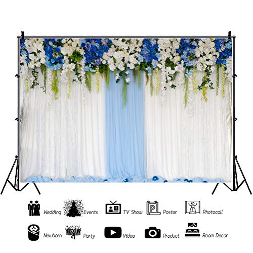 AOFOTO 6x4ft Blue White Flowers Curtain Wedding Backdrop Romantic Floral Wall Drapes Bride Groom Ladies Girls Photoshoot Background for Wedding Reception Ceremoney Birthday Cake Table Decor Banner - size: 6x4ft