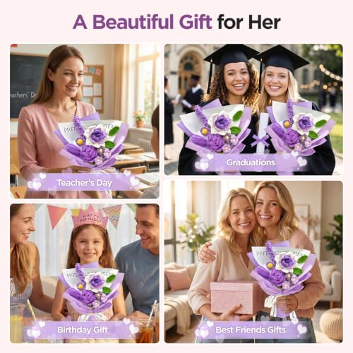 Crochet Flower Bouquet, Purple Handmade Knitted Flowers | Crochet Rose Lavender Flowers, With Card Gift, For Lover Girlfriend Friends - color: Lavender Rose