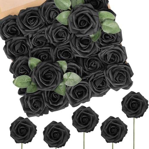 Artificial Flowers Roses with Stems for DIY Wedding Christmas Tree Bouquet Baby Shower Centerpiece Floral Arrangement Party Home Decor Mothers Day Decorations (Black, 25) - color: Black, size: 25