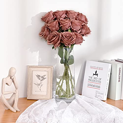 Waipfaru 16 Pcs Artificial Flowers Fake Silk Dusty Roses, Faux Real Touch Roses Bouquet with Long Stem for Wedding Party Home Decor (Dusty Rose) - color: B-dusty Rose, size: 16 Pcs