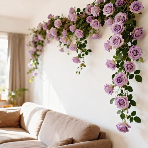 Flower Garland for Backdrop, 4Pcs Flowers Garland, Rose Garlands for Decoration, Artificial Flowers, Flower Vines, Floral Garlands for Wedding, Arch Garden Ceremony Background Outdoor Wall Decor - color: Purple Rose