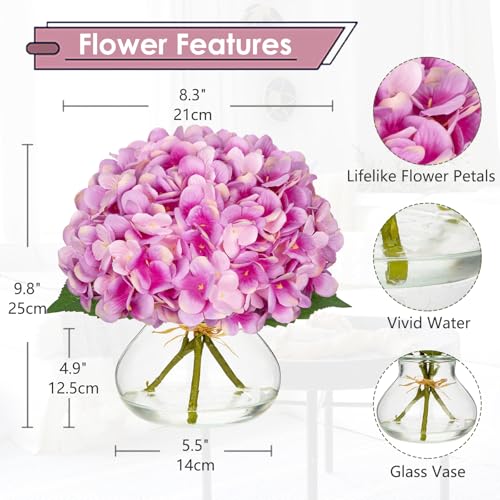Hollyone Hydrangea Artificial Flowers with Glass Vase Purplish Pink Silk Faux Flowers Arrangements in Vase with Faux Water Fake Floral Bulk Bouquet for Home Decor Table Centerpiece Decorations - color: Hydrangea, Purplish Pink