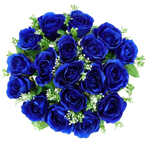 Cemetery Decorations for Grave-18 Blue Silk Memorial Artificial Rose Flower for Headstones Graveyard Graveside Grave Vase Funeral Decorations - color: Blue