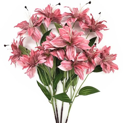 Artificial Lily Flowers, Vintage Silk Flower Long Stems Stargazer Lilies Full Bloom Lily Faux Plant Tiger Bouquets for Home Decor Indoor Hotel Wedding Party Fake Floral Arrangement - Coral Pink 4 Pack - color: Lily Flowers - Red 4 Pcs