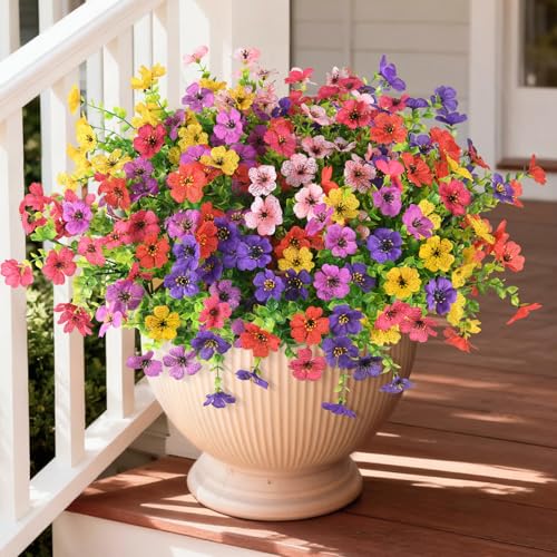INQCMY Artificial Flowers for Outdoors Faux Plants Fake Flowers Spring Summer Decoration,12 Bundles Faux Silk Colorful Daisy Realistic UV Resistant for Outside Home Planter Window Porch Patio Yard - color: Mixed Color(2 Deep Purple,2 Light Purple,2 Red,2