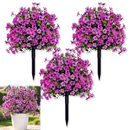 Artificial Petunias with Ground Stake - UV Resistant & Waterproof Faux Flowers for Outdoor Indoor Garden, Yard, Planter, Porch & Home Decor (3 PCS Purple) - color: 3 Pcs Purple
