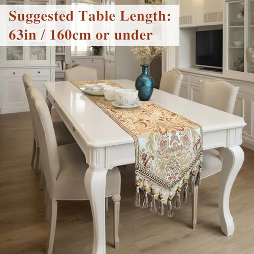 kilofly Elegant Floral Brocade Jacquard Table Runner Tassels (89 x 12 inches) - color: Khaki, size: 89*12 inch