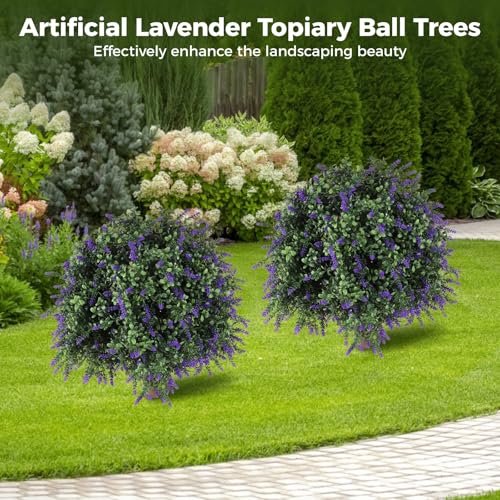 2 Pcs Artificial Lavender Topiary Ball Trees with Flowers, 17.72 in Outdoor Sun Protection Faux Shrubs with Ground Spike, Evergreen Trees for Home, Garden, Patio, Wedding Decor